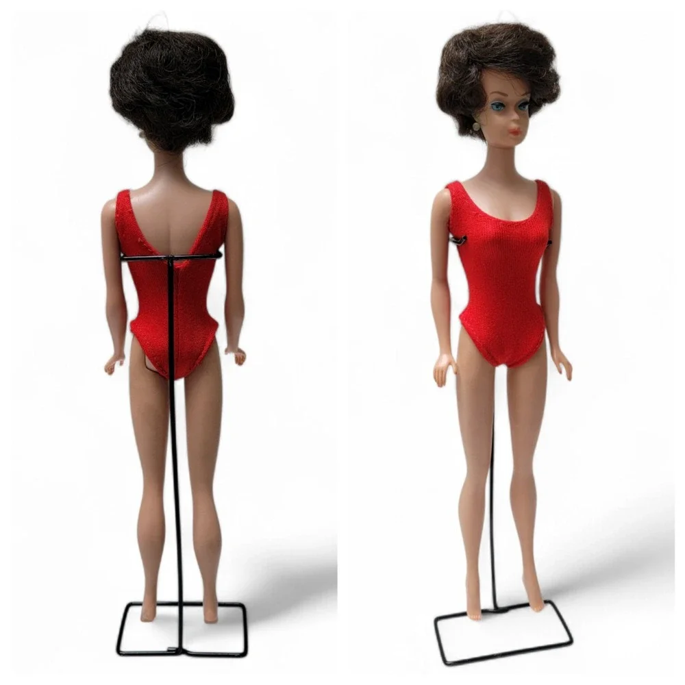 VTG 1962 Bubblecut Barbie‎ Doll Brunette Red Swimsuit With Box And Metal Stand